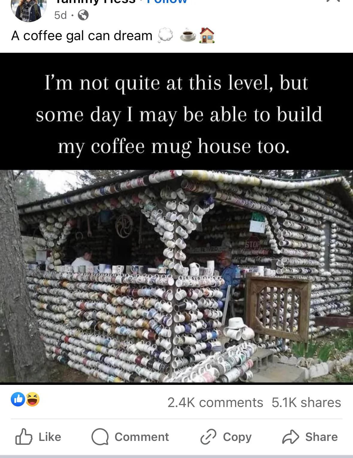 This meme is a humorous take on the phrase "I'm not quite at this level, but..." It features a photo of a house made entirely of coffee cups, with the caption "I'm not quite at this level, but some day I may be able to build my coffee mug house too." The image is a humorous commentary on the idea that someone's ambition to build a house made of coffee cups is not yet a reality.